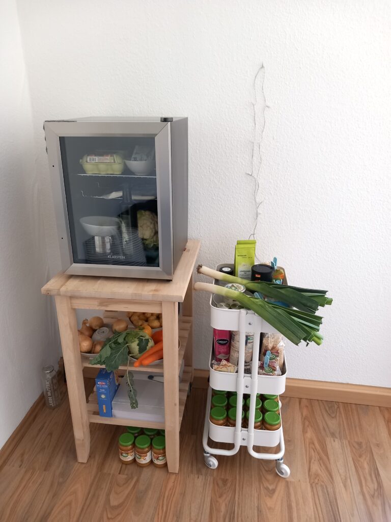 Minikühlschrank auf einem Regal mit Rollen. Daneben ein weiteres, kleines Regal auf Rollen mit Lebensmitteln